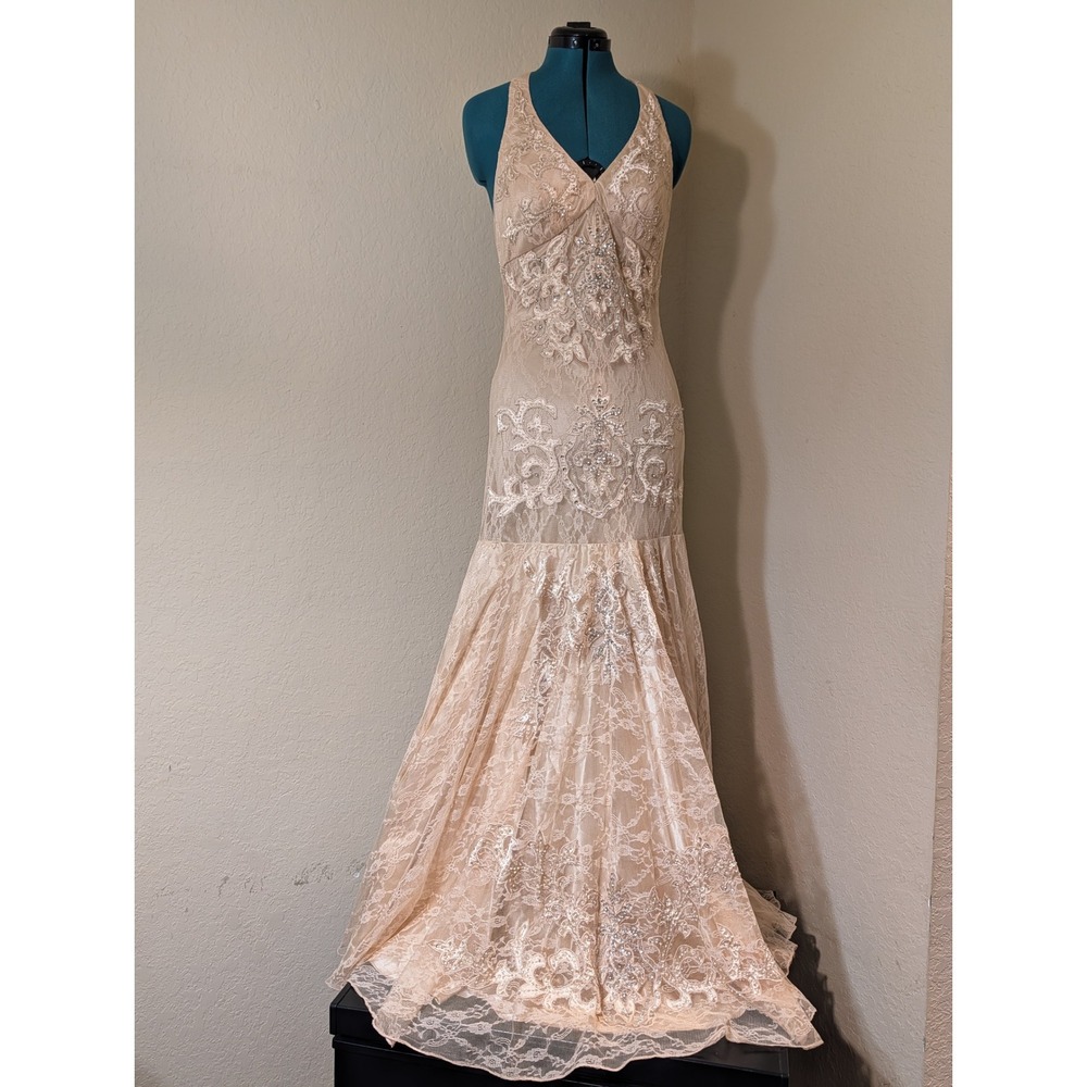 Cache Champagne Lace Halter Mermaid Gown Womens 6 Beaded Sequin Formal Dress